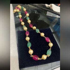 Gorgeous 14kt gold plated silver gemstone beads ruby and emerald necklace#149